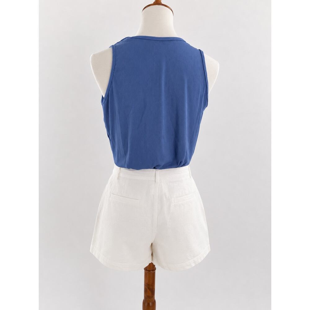 Women’s Blue Ribbed Surplice Sleeveless Bodysuit Draped V-Neck Size Small - Picture 2 of 3